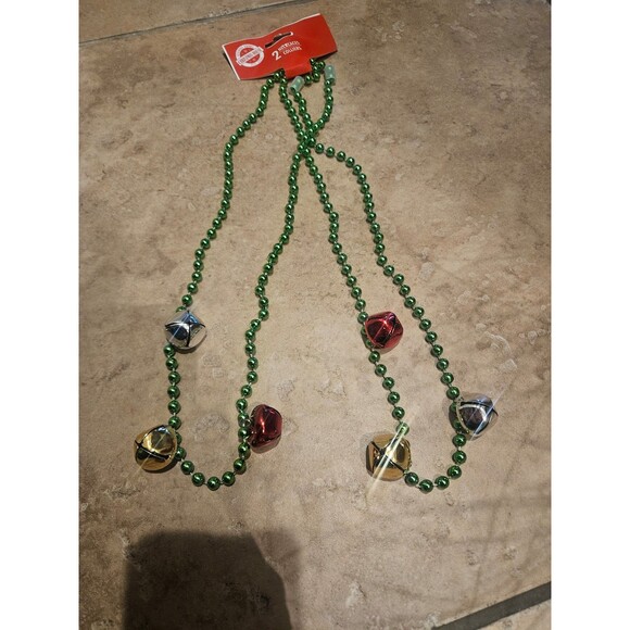 Christmas House Green Jingle Bell Necklaces 14" Set of 2 Stocking Stuffers - Picture 1 of 6